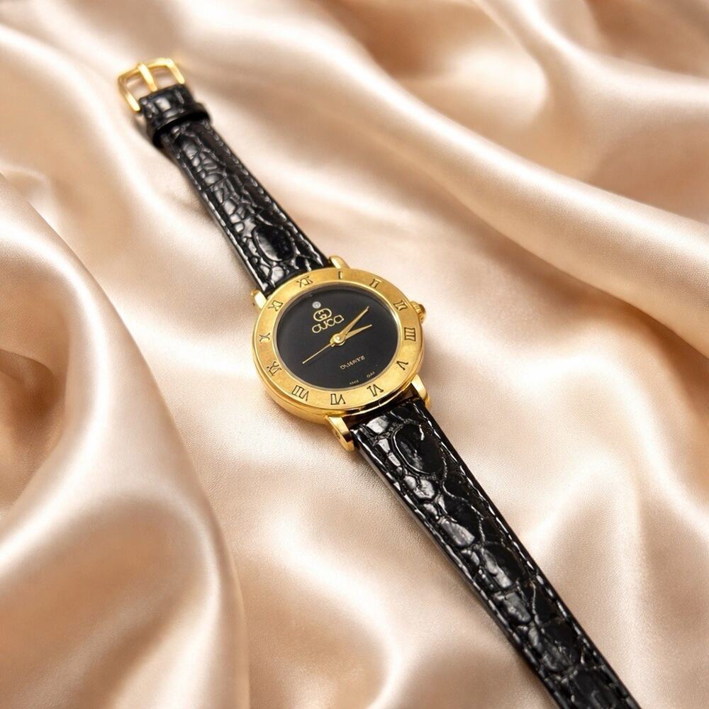 Gucci Diamond 3000L Gold PL Black Leather women watch Vintage - Picture 11 of 16